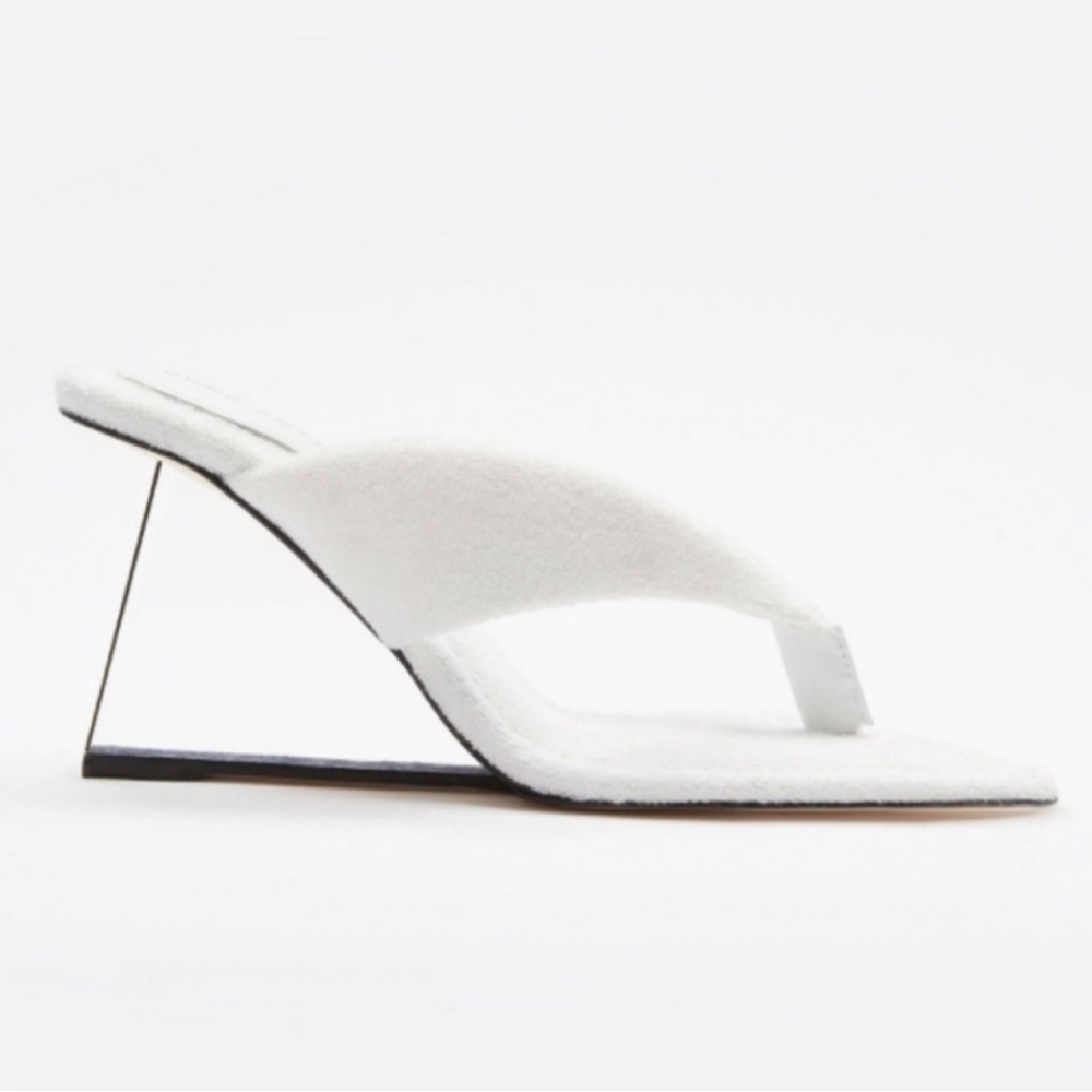 Good American White Terrycloth Thong Wedge Acrylic Heels
